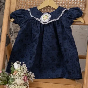 پیراهن مدل گل پری سرمه‌ای آستین کوتاه